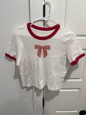 Full Tilt White Tee with Red Ringer Trim & Gingham Bow